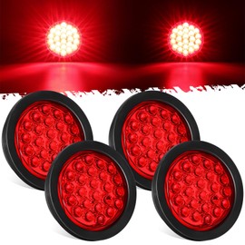 Partsam 4Pcs 4 Inch Round LED Trailer Tail Lights Red 24LEDs Waterproof 4" Brake Stop Turn Tail Marker Trailer Lights Sealed Flush Mount for Truck RV Boat UTE UTV 12V Grommet Plug Included