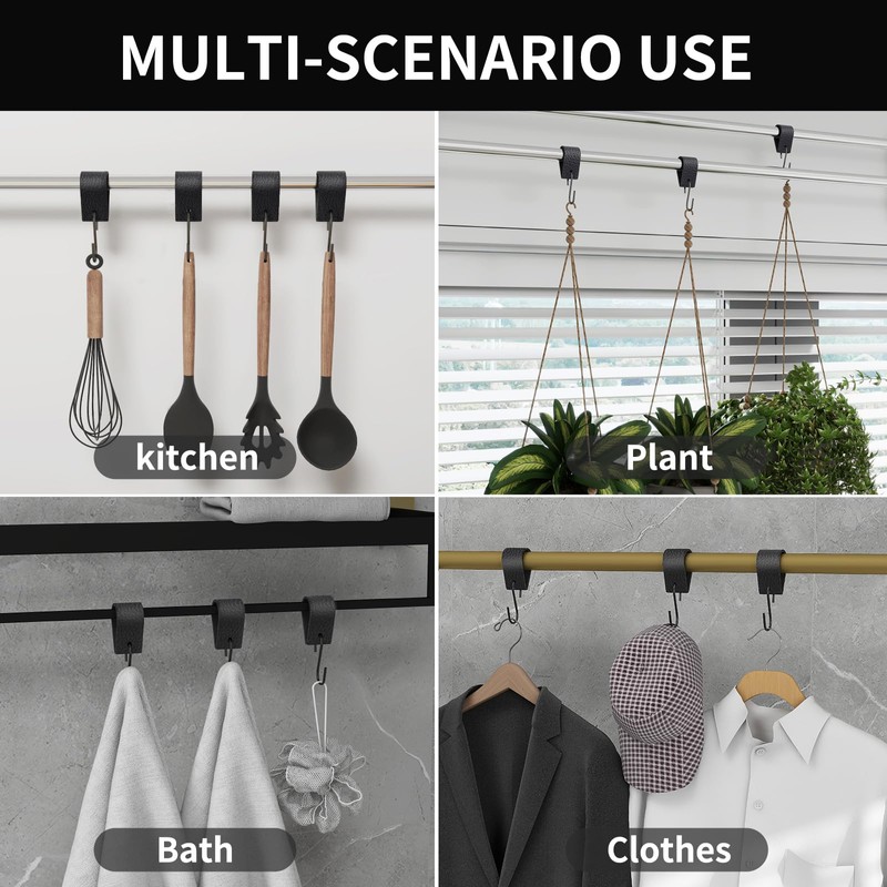 Feligio S Hooks with Leather Loop, Black Hooks for Hanging