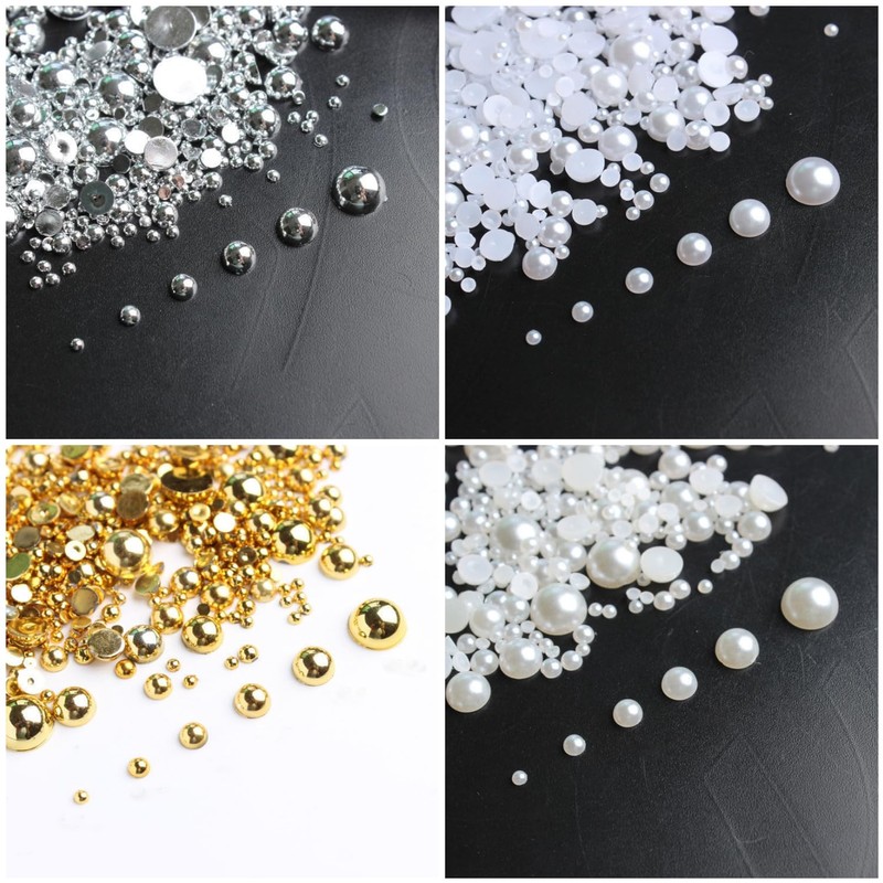 GZMAYUEN 920pcs Gold Silver Flatback Beads for Nails, Semi-Round White
