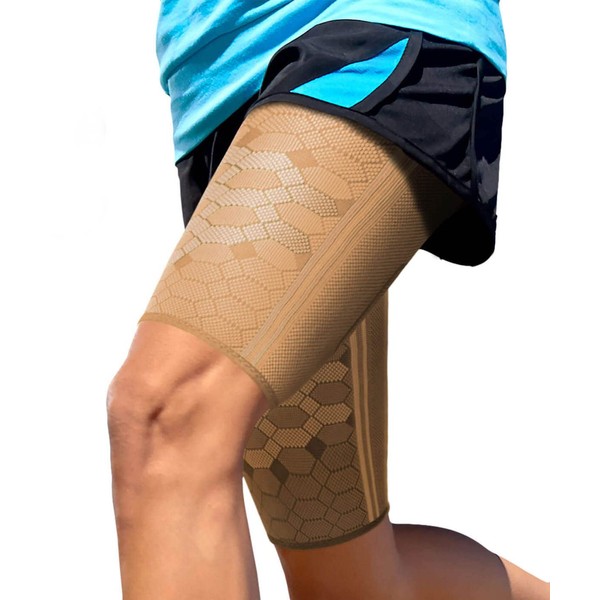 Sparthos Thigh Compression Sleeves (Pair) - Upper Leg Sleeves for Men and Women Support for Bruised Tender Strained Muscles Pulled Hamstring Quad Brace Pain Relief Sports Injury Recovery (Beige-XL)