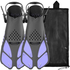 Sugaroom Swim Fins Open Heel, Adjustable Snorkel Fins Diving Fins with Mesh Bag, Snorkeling Gear Flippers for Lap Swimming Scuba Dive Adult Men Women Kids (Purple, Kids JR 9-13 S/MD)