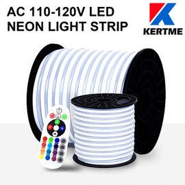 KERTME RGB LED Neon Light Strip, AC110-120V/Flexible/Waterproof/Dimmable/Multi-Colors/Multi-Modes Rope Light + 24 Keys Remote for Home/Garden/Building Decor (65.6ft/20m, RGB)