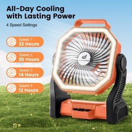 Odoland Rechargeable Camping Fan, 20000mAh Battery Fans with LED Lantern for Tent Car Beach Storm, Portable Light Desk Cooling Fan for Picnic Power Outage Hurricane, Orange