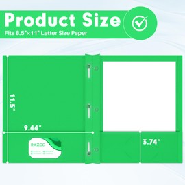 Two Pocket Folders, RAZCC 50 Pack Two Pocket Folders with Prongs, 3 Prong Folders Fit Letter Size Paper, Pocket File Folders for School Office Home Business, Green