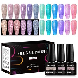 MTSSII Reflective Glitter Gel Polish Set, 12 Colors Gel Nail Polish Set Nails Gel Blue Hot Pink Purple Soak Off Uv Led Gel Nail Polish Kit Nail Gift for Her