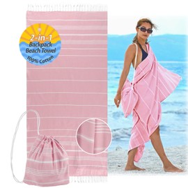 CalmyBEACH 2-in-1 Hammam Towel Backpack Beach Towel Bath Towel - 100% Cotton Hamam Beach Towel 180 x 90 cm Cotton Towel for Men and Women Yoga Towel Travel Towel (Dusky Pink)