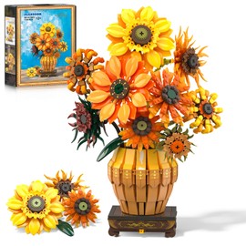 PLAXSOON Sunflower Building Set with Lights Vase Base, Flowers Botanical Collection Building Block Home Decor, 1180PCS Art Flower Bouquet Bonsai Plant Building Kit Gift for Adults Teens Girls Boys 12+