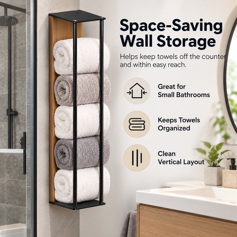 Wall-Mounted Towel Rack for Bathroom Storage – Iron & Wood