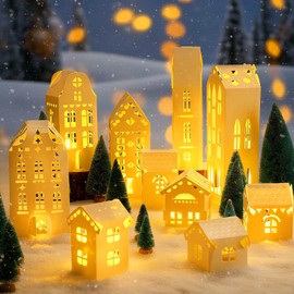 Chunful 20 Pack Christmas Village Houses Set White Winter Village with Light Xmas Paper Houses and Trees Decoration Christmas Figurines Scene Desktop Ornament for Home Xmas Party Decor