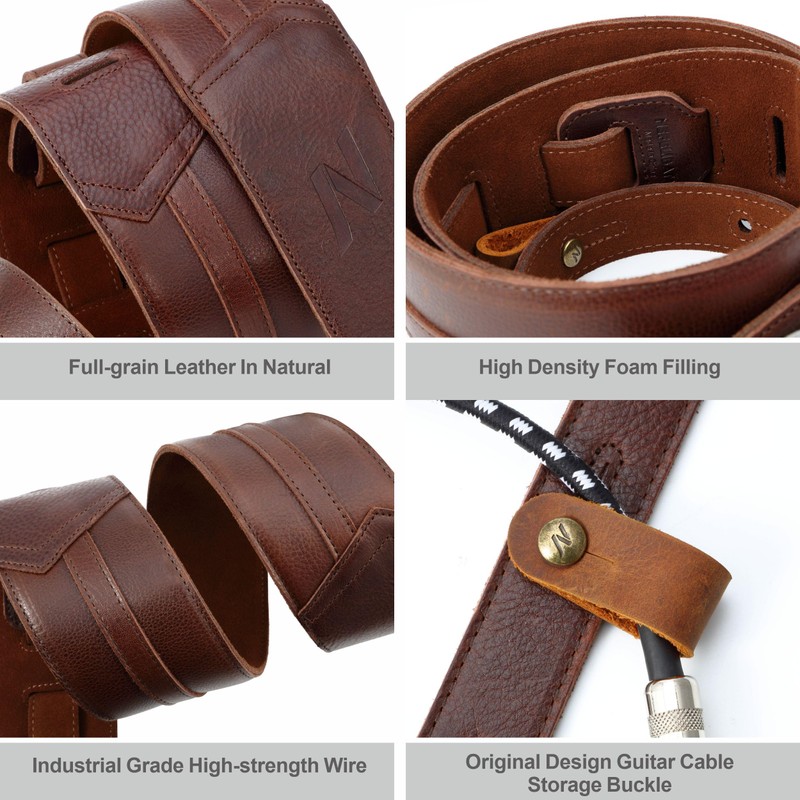 Nefelibata 3" Wide Full Grain Leather Guitar Straps, brown