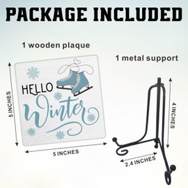 5x5" Holiday Wood Plaque With Iron Frame, Hello Winter, Gift For Women, Men, Friends, Family, Ice Skating Lovers, Minimalist Tray Decor, Home & Office Party Decoration & Favor - E10