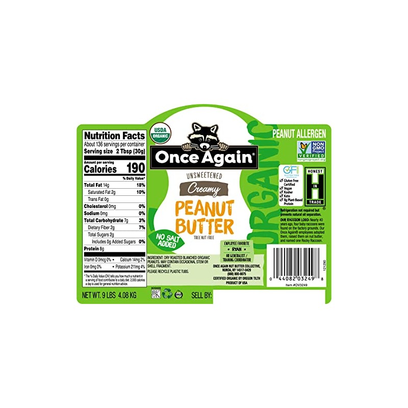Once Again Organic, Creamy Peanut Butter - Salt Free, Unsweetened