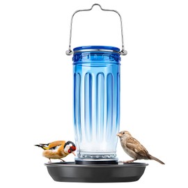 Kingsyard Glass Bird Water Dispenser for Outdoor, 16 Oz, Bird Water Feeder with Metal Hanging for Garden Yard Fence Decoration Hummingbird Cardinal Bluebird Finch, Blue