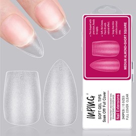 INPING Soft Gel Full Cover Nail Tips, 240PCS No File Nail Tips, Mix Style(Short Square + Medium Almond) Full Matte Gel Tips for Nail Extensions Break Resistant False Nail Tips with Box, 15 SIZE