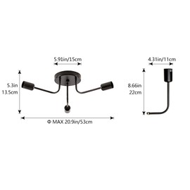 Plfann - Techo industrial semi empotrado con 3 luces con soporte de techo clásico ramificado de metal ajustable E26 pintado en negro para cocina, sala de estar, comedor