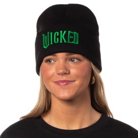 Wicked Embroidered Raised 3D Movie Logo Adult Novelty Knit Cuff Pom Pom Beanie Winter Hat Cold Weather Cap OSFM Women Men Black