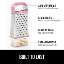 Gorilla Grip 100% BPA Free 4-Sided Stainless Steel Cheese Grater, XL Box Graters for Parmesan, Vegetables, Ginger, Shred Slice and Zest, Soft Grip Handle, Dishwasher Safe, Includes Container, Pink