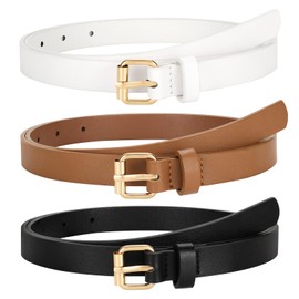 JASGOOD 3 Pack Women Skinny Leather Belt for Jeans Pants Ladies Thin Waist Belt with Gold Buckle,Black+Brown+White