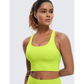 CRZ YOGA Strappy Longline Sports Bras for Women - Wirefree Padded Criss Cross Yoga Bras Cropped Tank Tops Chartreuse Medium