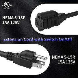 6FT Extension Cord with Waterproof Switch, 14AWG 1875W Black Outdoor Heavy Duty 3 Prong Extension Cable, 14/3 SJTW Extension Cords Control Switch ON/Off 15A 125V Grounded Plug Receptacle, UL Listed