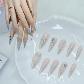 Duotaoii Almond Press on Nails Long Fake Nails Handmade False Nails Pink Rhinestones 3D Butterfly Glitter Powder Nail Charms, Acrylic Nail Kit Gel Nails, Reusable Stick on Nails for Women 10pcs M