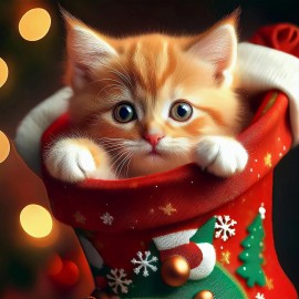 Orange kitten in a Christmas stocking. Digital art delivered on 8G thumb drive.