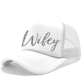 Bachelorette Party Hats - Silver Sparkle Glam Wifey Solid White Trucker Hat - Honeymoon Gifts for The Bride