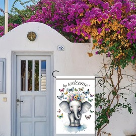 Starlit Patio Welcome Elephant Garden Flag Double Sided 12 x 18Spring Summer Elephant Garden Flag Cute Floral Butterfly Design Yard Flag for Baby Shower Outdoor Décor Lawn Banner