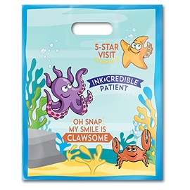 Practicon FlosSeas 8" x 10" Dental Giveaway Bag, Dental Hygiene Patient Care Goodie Bag, Dentist Office Plastic Gift Bags, 100 Pack