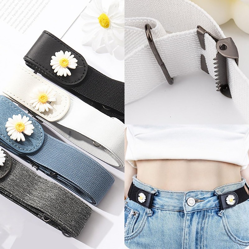 XnxnzhHo No Buckle Elastic Belt with Daisy Design, Women's Invisible
