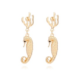 Gold Seahorse Fish Earrings, Ocean Coral Seahorse Dangle Earrings for Women, Bohemian Beach Seahorse Vacation Earrings for Ladies, Animal Seahorse Statement Earrings Summer Boho Jewelry