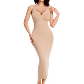Miguofan Shapewear Slips for Under Dresses Full Slip Dress for Women Tummy Control Seamless Body Shaper V Neck Slip (US, Alpha, Small, Regular, Regular, Beige)