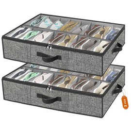 Shoe Storage Organizer Under Bed, Extra Large Shoe Container with Clear Cover, Breathable Fabric Underbed Storage Solution for Sneakers, Slippers, Closet, 2 Pack Fits 32 Pairs