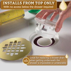 Shower Drain Replacement for Fiberglass & Plastic Shower Pans, Installs from Top Only, Chrome Fit for 4"- 4 1/2" Drain Flange & 2" ABS, PVC, Galvanized Steel & Cast Iron Drain Pipes (Gold)