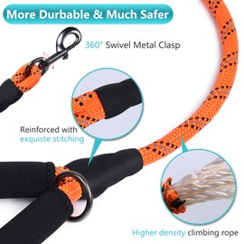 VIVAGLORY Strong Rope Dog Leash, 6ft Durable Reflective Walking Training Leash Lead Thick Neoprene Padded Handle for Small Medium Dogs That Pull, Orange