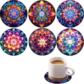KYMY Diwali Drink Coasters Set of 6, Wooden Mandala Rangoli Cup Mats, Colorful Deepavali Festival of Lights Table Decorations for Hindu Indian Holiday Kitchen Dining Supplies