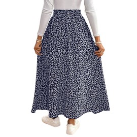 GORGLITTER Women's Skirt Long Summer Skirt Boho Midi Skirt with Slit Floral Pattern Skirts High Waist Floral Skirt Casual Casual Skirt Loose Beach Skirt, darkblue, L