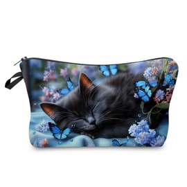 Livel lhood Sleeping Kitten Makeup Bag Cute Small Organizer Zipper Pouch Blue Butterfly Cosmetic Bag Birthday Present for Cat Lovers Women Friends, hzz17289, Printed Cosmetic Bag With a Metal Zipper