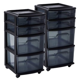 HOMZ 2-Pack 4-Drawer Plastic Storage Cart, Home & Office Organizer, Black-Clear