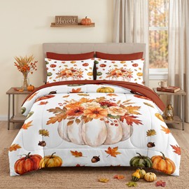 WeCozy Full Fall Comforter Set with Sheets, 7 Pieces Pumpkin Bedding