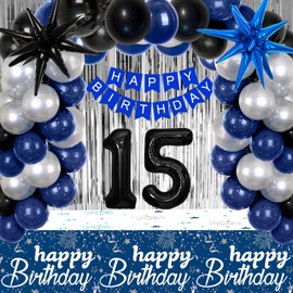 15th Birthday Decorations for Boys and Girls, 15th Birthday Party Decorations Blue and Silver, 15 HAPPY BIRTHDAY Banner Black Number Balloons Garland 15 Years Old Bday Party Supplies with Tablecloth