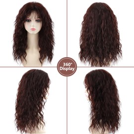 SEVENCOLORS Brown Curly Wigs with Bangs Natural Wavy Long Reddish Brown Wigs Daily Party Synthetic Hair Wigs for Women