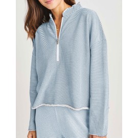 Bozanly Women's 2 Piece Outfits Casual Quarter Zip Long Sleeve Pullover and Drawstring Shorts Lounge Set(0895-BlueStripe-L)
