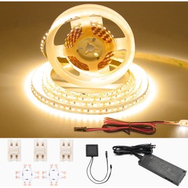 VST LED Strip Lights Warm White 120LEDs/M 1000Lm/M 9.6W/M CRI 90+ LED Tape Light 12V Cuttable Connectable Dimmable LED Strips for Indoor Cabinet ETL-Listed (3000K-16.4FT & Power Supply Touch Switch)