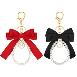 cobee 2 Pcs Bow Keychain Pearl Wristlet, Red Bag Charms Coquette Lacing Bow Flower Keychain, Pearl Keychain Purse Charms for Women Girl Key Chains Car Keys Holder Accessories Gift(Black+Red)