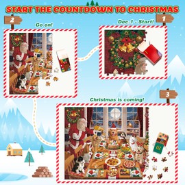 Jigsaw Puzzle Advent Calendar 2024 Christmas Puzzles for Kids and Adults 1008 Pieces in 24 Boxes for Countdown Christmas Gifts for Boys Girls Men Women - Dogs' Christmas Dinner(27.56 x 19.68 Inch)