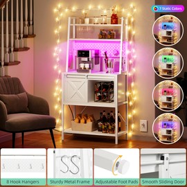 YITAHOME White Bakers Rack with Power Outlet and LED Light, 4-Tiers Microwave Stand Cabinet with Sliding Storage Drawer Barn Door, Farmhouse Kitchen Tall Coffee Bar Table with Shelf and 8 Hooks