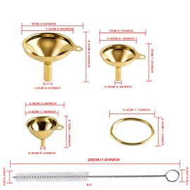 Gold Stainless Steel Funnels for Kitchen Use, Large Tiny Small Funnel Set of 3 with 2Pcs Cleaning Brush Set for Filling Bottles Oil Liquor Water Spice (Gold)