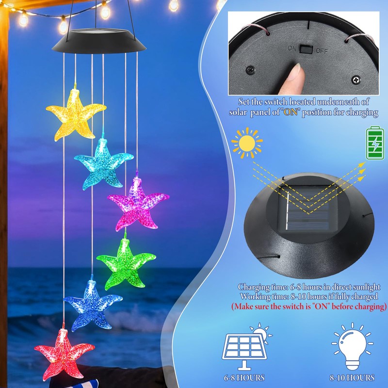 Starfish Solar Wind Chimes for Outside with Color Changing LED