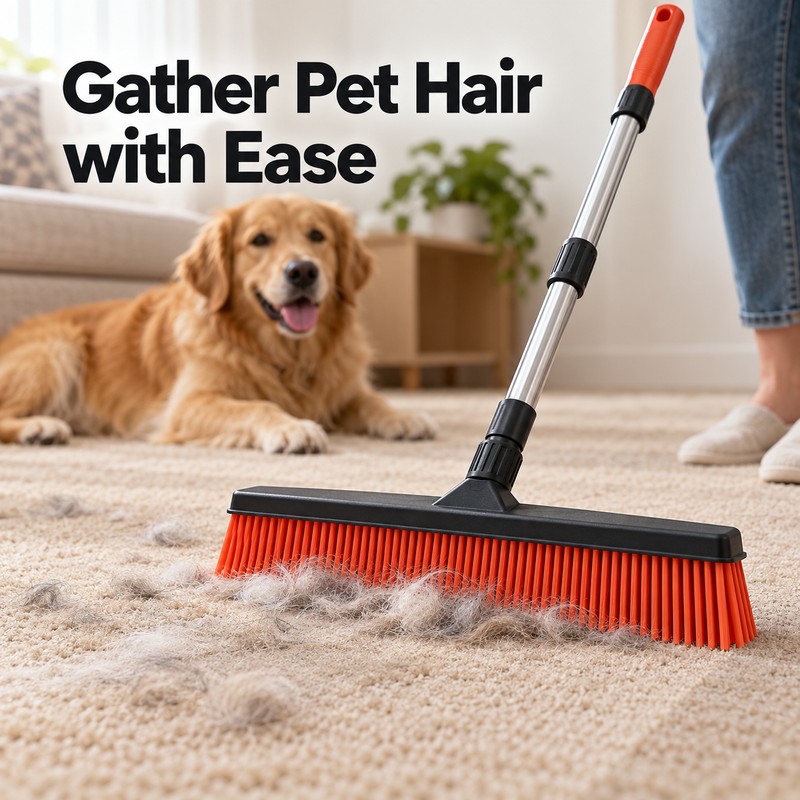 Rubber Broom for Pet Hair Removal with Washable Bristles and